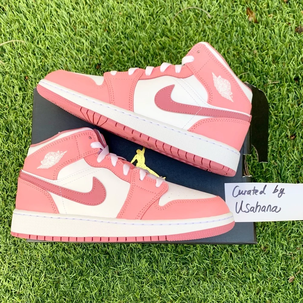 Nike air Jordan 1 mid GS pink white shoes (big kids) - Picture 5 of 5